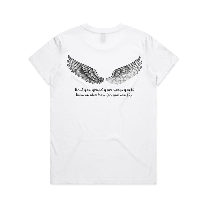 Ladies white tshirt with pretty wings design and inspriational quote