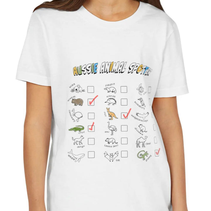 White t-shirt with 'Aussie Animal Spotter' design featuring animals and checkboxes.