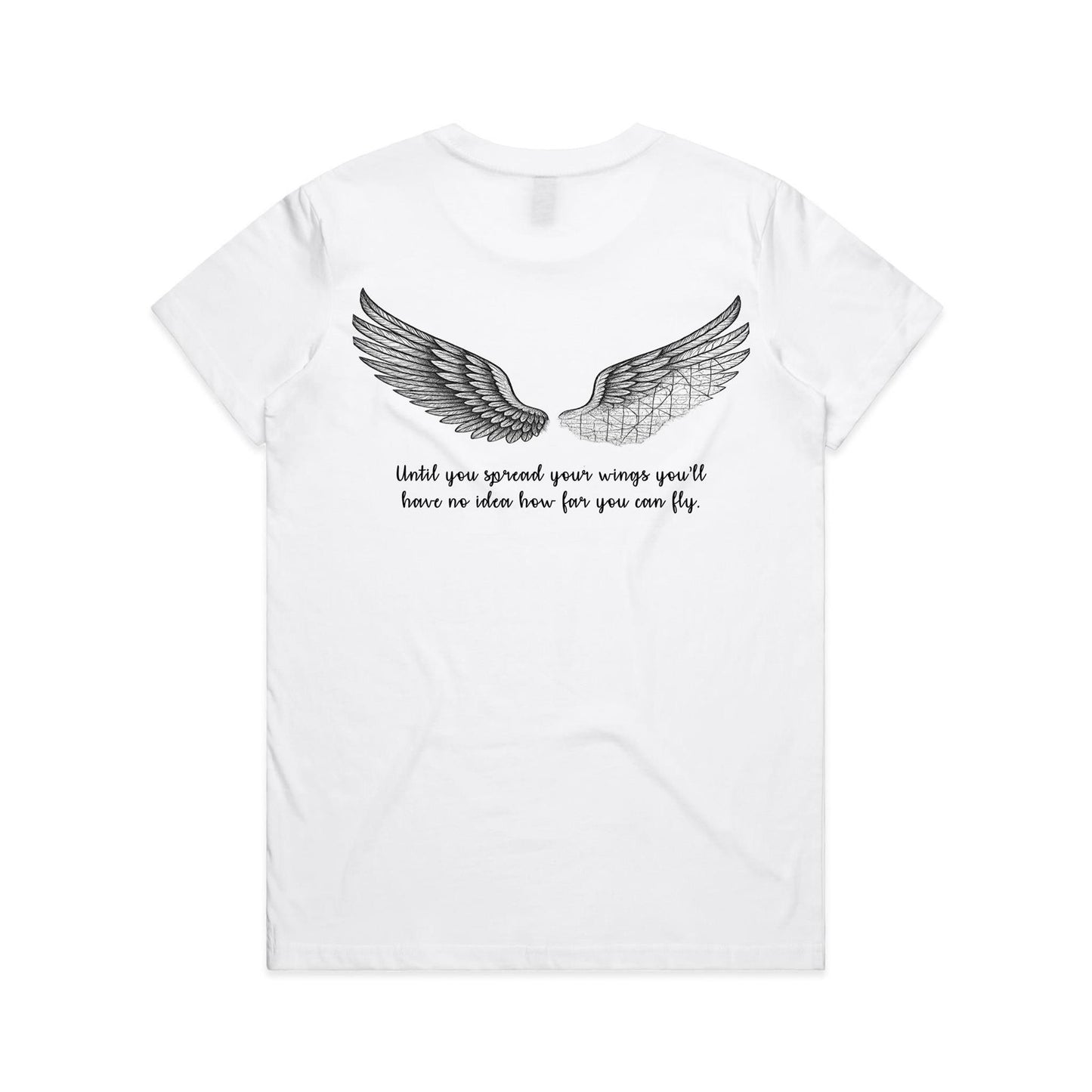 Ladies white tshirt with pretty wings design and inspriational quote