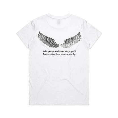 Ladies white tshirt with pretty wings design and inspriational quote