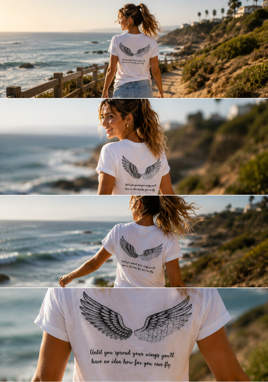 Woman wearing a white tshirt with pretty wings design and inspirational quote on the back